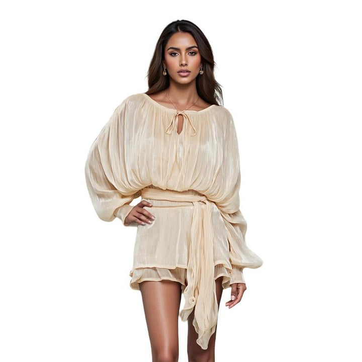 SARA™ - Ruffle Skirt Two-Piece with Lantern Sleeves & Tie-up Front