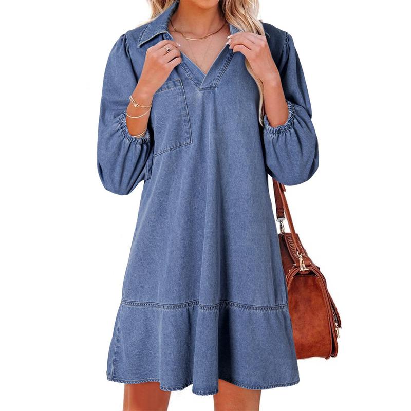 GEMMA™ – Classic Soft Washed Denim Puff Sleeve Dress