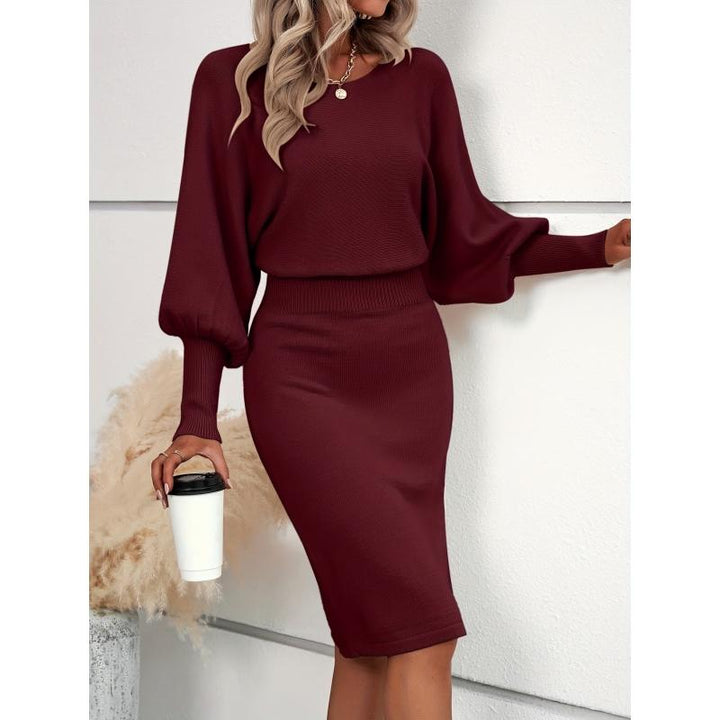 LEAH™ - Elegant Waisted Sweater Dress with Lantern Sleeves